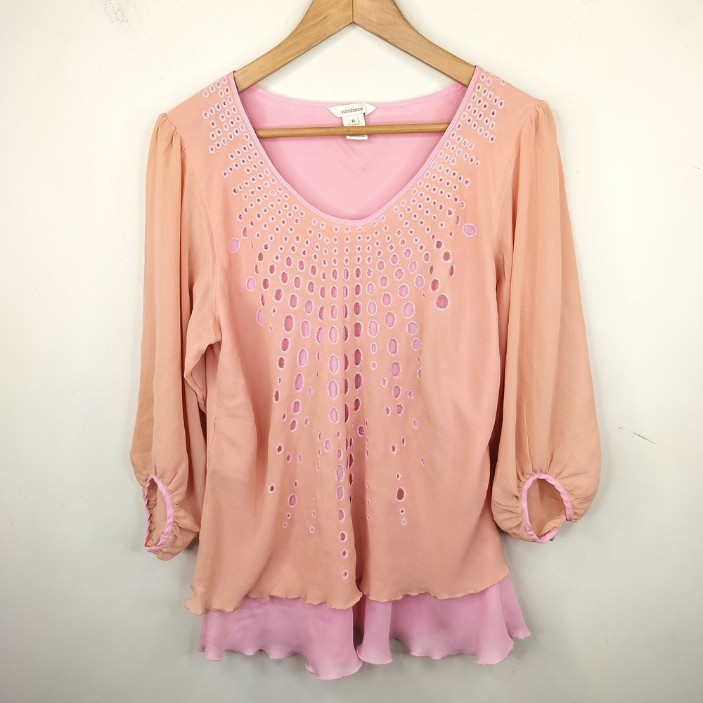 Sundance Silk Layered Blouse XL Eyelet Cutouts Peach Pink Flowy Boho Fairy Beach